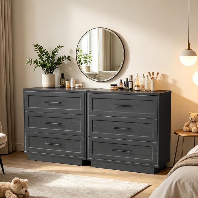 Fatmok 31.5" Wide 3 Drawer Nightstand Set of 2, Oversized Wooden Bedside Table with Storage, Modern Bedroom Side Table Cabinet, Large Night Stand with Drawers,Black Grey