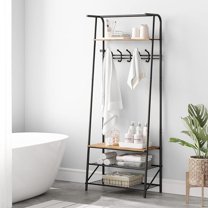 Jojoka Coat Rack Hall Tree with Shoe Storage Bench, 4-in-1 Entryway Organizer with 10 Hooks & 3-Tier Shoe Rack, Sturdy Metal Frame Freestanding Storage Unit for Hallway, Front Door & Mudroom