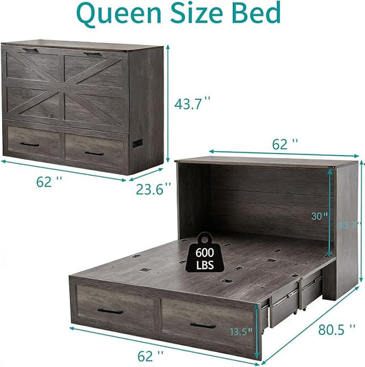 Queen Murphy Bed with Charging Station Large Storage Drawer Farmhouse Wood Space Saving Hidden Foldable Cabinet Bed for Bedroom Office School, Rustic Grey