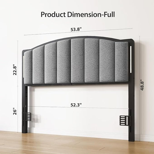 Headboard for Full Size Bed with LED Lights, Upholstered Vertical Channel Tufting Head Boards, Linen Fabric Bed Headboard Only, Attach Frame, Ideal for Bedroom, Dorm, Guest Room, Grey