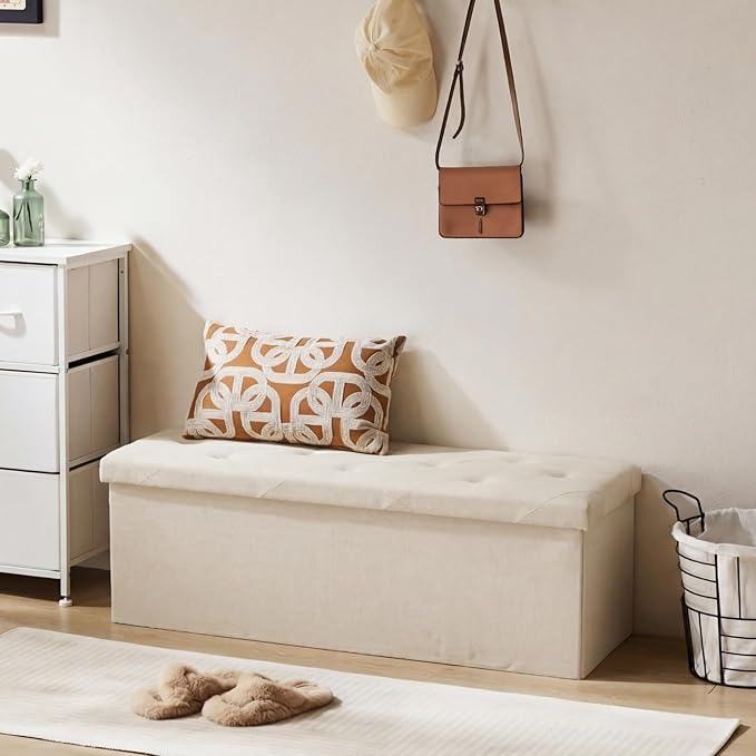 DUMOS 43 Inch Folding Storage Ottoman Bench, Spacious Hidden Organizer with Foam Cushioned Top, End of Bed Foot Rest Stool for Bedroom Living Room Entryway, Supports Up to 660 LBS, Linen Fabric, Beige