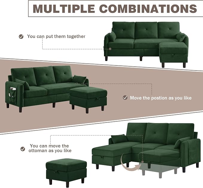 77" Convertible Sectional Sofa, Small L Shaped Couch with Storage Chaise, 3 Seats Modern Polyester Fabric Couches for Living Room, Apartment and Small Space, Green
