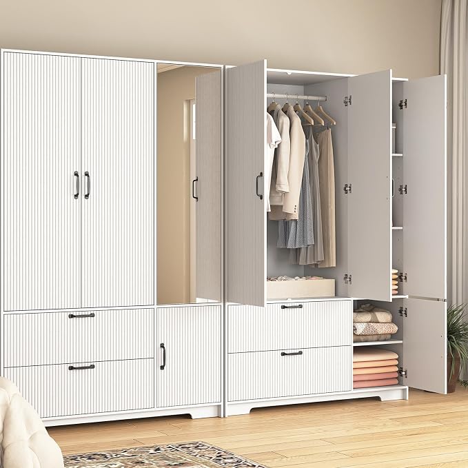 White Fluted Wardrobe Closet with Mirror and Light, 3-Door Armoire Wardrobe with 2 Drawers, Hanging Rod, Shelves, Freestanding Bedroom Storage Cabinet