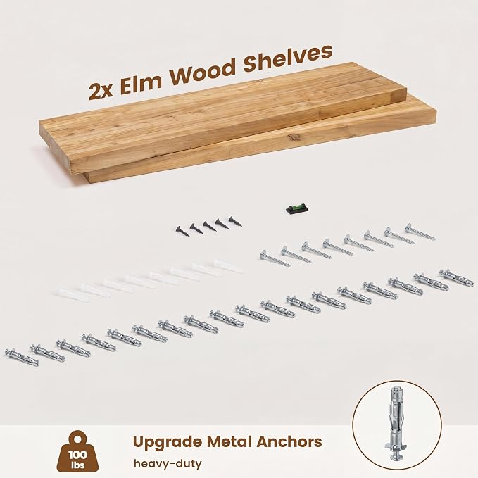 Venusmiles Elm Floating Shelves for Wall Decor, Rustic Solid Wood Shevles Wall Mounted with Invisible Bracket for Living Room Bathroom Bedroom Kitchen, 32 Inch Set of 2, Natural