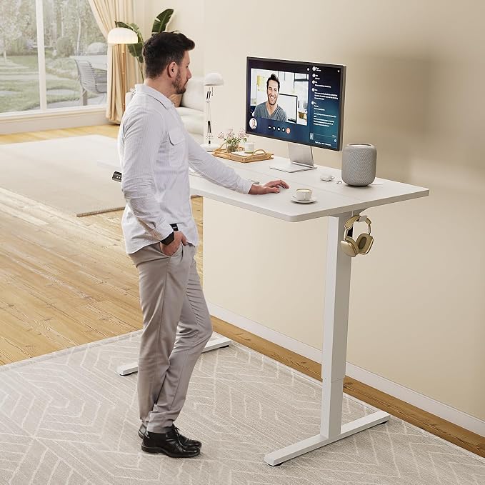 Sweetcrispy Electric Standing Desk Adjustable Height, 63x24 Inch Sit Stand Up Home Office Desks Memory Computer Workstation PC Work Table with Preset Splice Wood Board Metal Frame, White