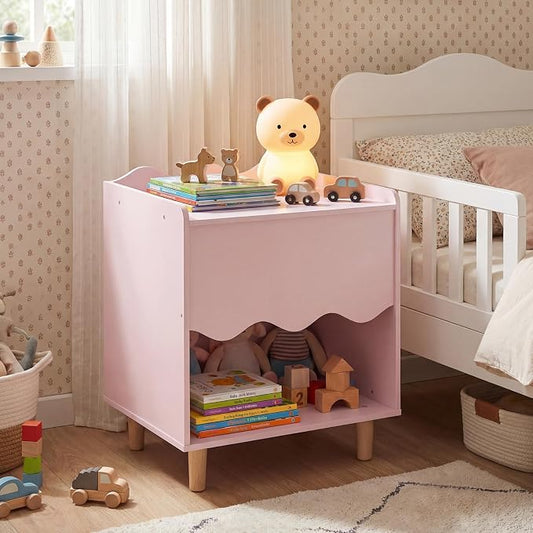 Costzon Nightstand, Kids Scalloped Side Table w/Wide Top, Large Storage Compartment & Solid Rubber Wood Legs, Wooden End Table for Children's Play Room, Bedroom, Living Room (Pink)