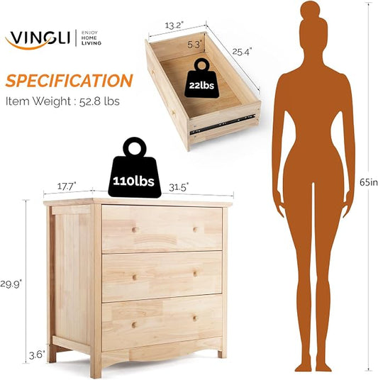 VINGLI Unfinished Natural Solid Wood 3 Drawer Dresser, Farmhouse Dressers & Chests of Drawers Color DIY Rubber Wood Dresser with Full Extension Drawer Slides & Wood Knobs Rustic Style