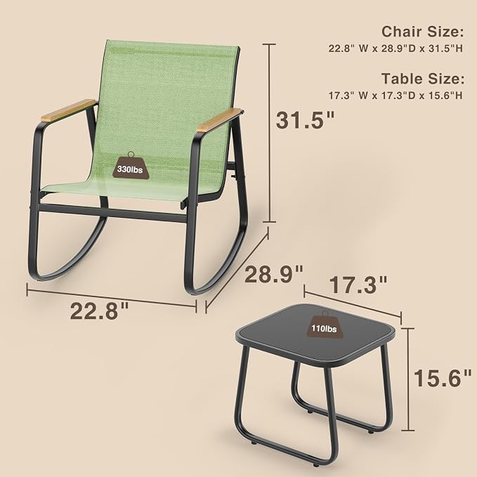 Ahomly 3 Pieces Patio Furniture Set Textilene Fabric Outdoor Patio Rocking Bistro Set with Wooden Armrests and Coffee Table for Lawn, Porch, Balcony, Poolside, Green