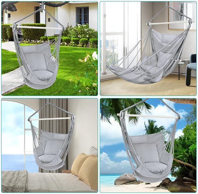 Outerman Hammock Chair, Hanging Chair with 3 Cushions and Foot Rest Support, Durable Metal Spreader Bar Max 440 Lbs, Swing Chair for Bedroom, Indoor & Outdoor, Patio, Porch or Tree(Gray)