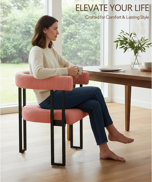 VIRRMO Boucle Dining Chair Set of 2 Corduroy Upholstered Dining Room Chairs Kitchen Chairs with Metal Legs Mid Century Modern Chair for Dining Room, Kitchen (Pink, 2)