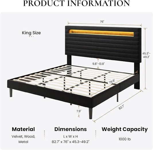 SHA CERLIN King Bed Frame with LED Light & 2-Tier Storage Shelf, Velvet Upholstered Adjustable Headboard with Charing Station, Horizontal Channel Tufted, No Box Spring Needed, Easy Assembly, Black