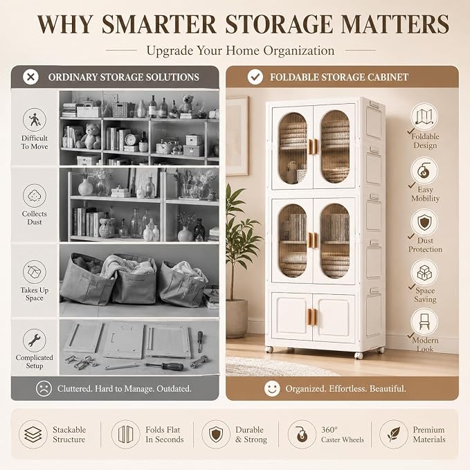 2-Tier Hanging Foldable Closet with Storage Bin, 3-Tier Portable Armoire Organizer, Modular Folding Cabinet with Doors & Wheels for Nursery Room Organization, Clear