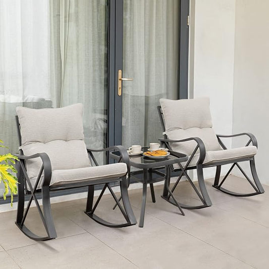 COSIEST 3 Piece Bistro Set Patio Rocking Chairs Outdoor Furniture w Beige Cushions, Glass-Top Table for Garden, Pool, Backyard