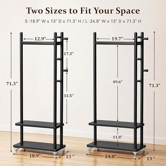 Taitiy Solid Wood Coat Rack Freestanding, Coat Rack Stand with 2 Shelves & 4 Hooks, Coat Tree for Entryway, Hallway, Bedroom, Living Room, Office - Clothing Rack for Coats, Hats, Bags (Black-S-Wheel)