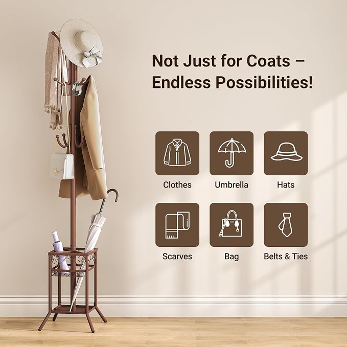 ELYKEN Coat Rack Freestanding, Metal Coat Rack with Umbrella Holder | 12 Hooks, Square Base, Heavy Duty Floor Standing Coat Tree for Entryway, Hallway, Living Room, Bedroom, Office, Brown