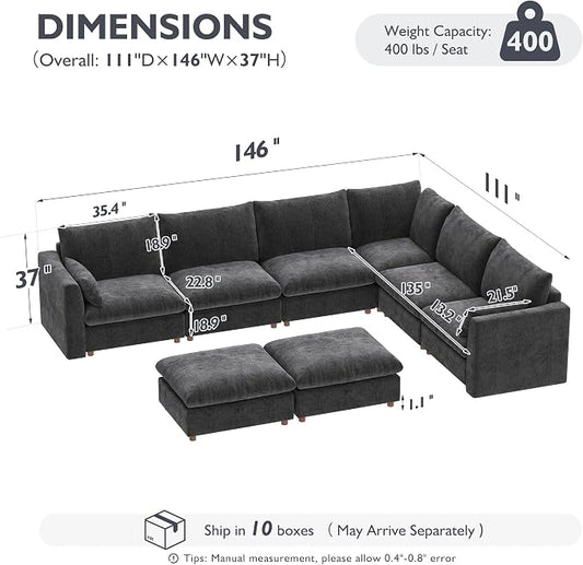 Ihanherry 146" Oversized Modular Sectional Sofa, Modern V Shaped Cloud Couch with 2 Storage Ottoman, 8-Seat Comfy Chenille Deep Seat Sofa with 2 Pillows for Living Room, Grey