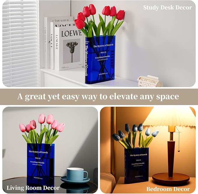 Puransen Blue Book-Shaped Vase for Flowers - Aesthetic Room Decor for Modern Home/Office, Minimalist Shelf Organizer with Floral Display, for Book Lovers & Interior Design Enthusiasts