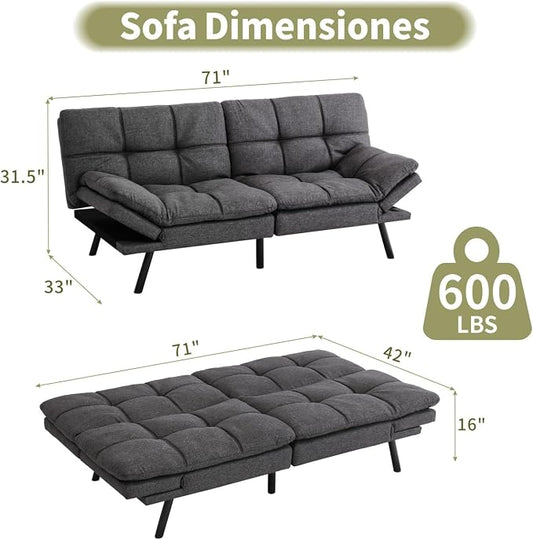 Vipbear 71" Futon Sofa Bed - Convertible Sofa Beds/Adjustable Backrest & Armrest, Comfy Loveseat Sleeper for Small Spaces, Apartments & Offices,Linen Fabric Grey Futons