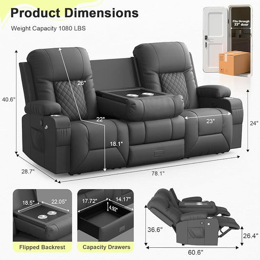 RV Loveseat Recliner Sofa, 3 Seater Reclining Sofa with Flip Back Console, Modern Reclining Couch with USB Ports, Cup Holders, Insert Pockets, RV Recliners for Travel Trailers & Living Room