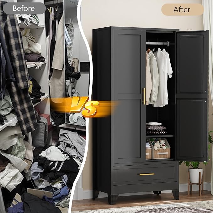 Metal Armoire Wardrobe Closet with Drawers,Storage Cabinet with Hanging Rod,71'' Metal Wardrobe Cabinet with 2 Doors and Adjustable Shelves for Bedroom, Laundry Room, Cloak Room