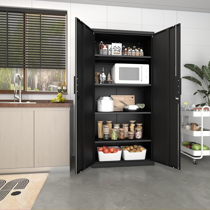72''H Garage Storage Cabinet with Lock, 18'' Deep Metal Storage Cabinets with Doors and 4 Adjustable Shelves, Steel Locking Cabinet, Tool Cabinet for Laundry Room, Garage, Home Office, Black