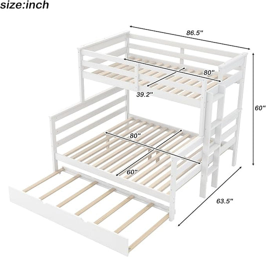 Merax Twin XL Over Queen Bunk Bed Wood Detachable Bunk Bed with Trundle & Ladder, Multifunction Bunk Bed with Full Length Gardrails, No Box Spring Needed,Space Saving,White