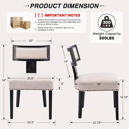 HNY Mid Century Modern Dining Chairs Set of 6, Farmhouse Linen Fabric Upholstered Accent Chairs Curved Nailhead Trim Backrest Kitchen Chairs, with Black Hardwood Frame, Beige