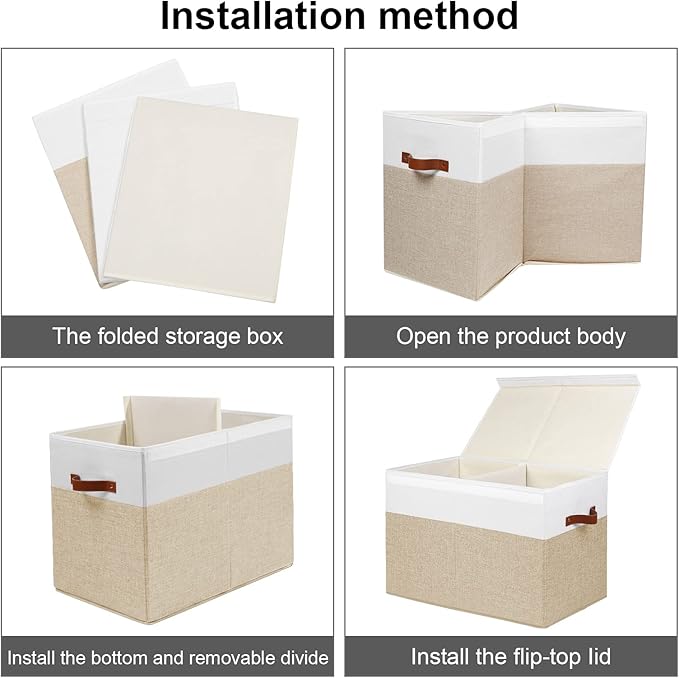 Gowee Large Toy Storage Box with Lid, Sturdy Toys Storage Chest Bin Organizer Basket with Dividers for Kids, Boys, Girls, Nursery, Closet, Bedroom, Playroom 25"x13" x16" (Beige and White)
