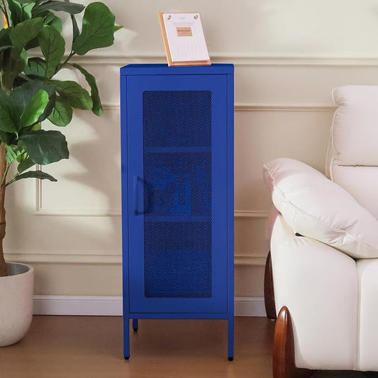 Slim Metal Storage Cabinet with Mesh Doors - 42'' Tall Narrow Organizer Tower, Compact Freestanding Cabinet, Versatile Utility Storage for Home, Office, Kitchen, Living Room, Durable and Modern Design