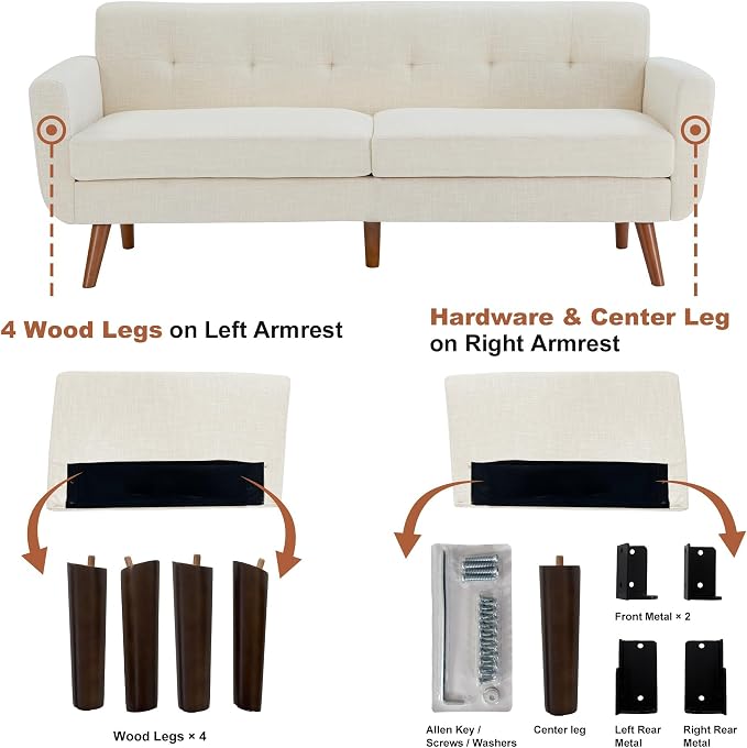 Tbfit 77.2" W Linen Sofa Couch, Mid Century Modern Decor Loveseat Couches for Living Room, Button Tufted Upholstered Small Couch for Bedroom, Solid, and Easy to Install Love Seats Furniture, Beige
