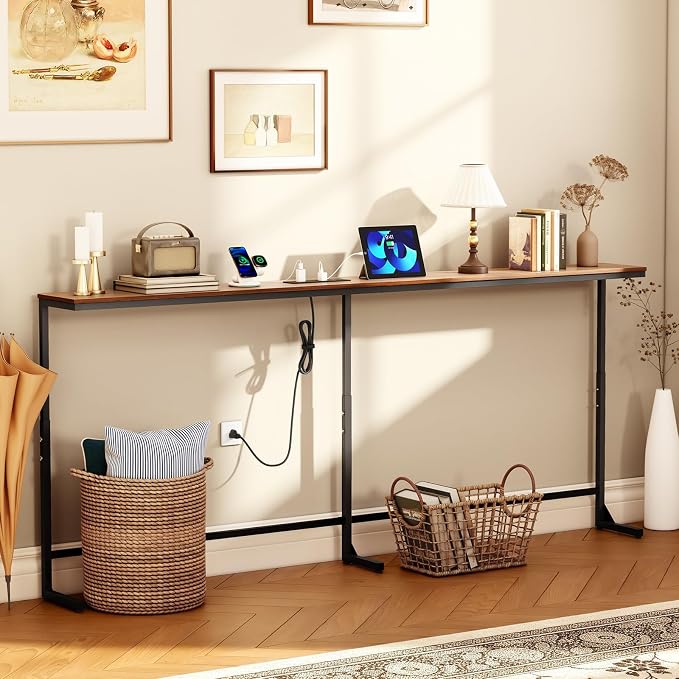 Slim Console Table with Outlet & Height Adjustable, 66'' Behind Sofa Table | Sofa Console Table with 3 AC Outlets & 2 USB Ports, Height(25.2''–31.3'') Slim Sofa Table Behind Couch for Living Room, Brown