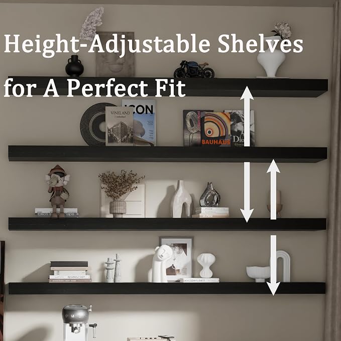 Floating Shelves for Wall, 60 Inch Extra Long Black Wall Shelves, Set of 4, Hanging Invisible Brackets Floating Shelves for Living Room,Bedroom,and Kitchen,Floating (Black, 4T60IN)