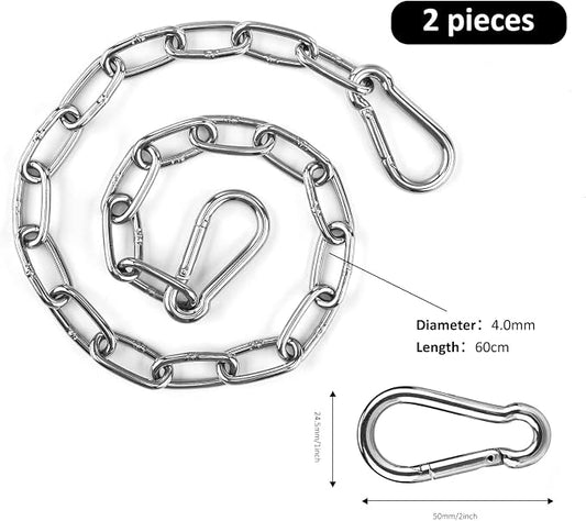 Hanging Chair Chain Set of 2 Stainless Steel Heavy Duty Hanging Kits with 4 Carabiners Hammock Chair Hardware for Indoor Outdoor Playground Hanging Chair Hammock Chair Punching Bags - 23.62"