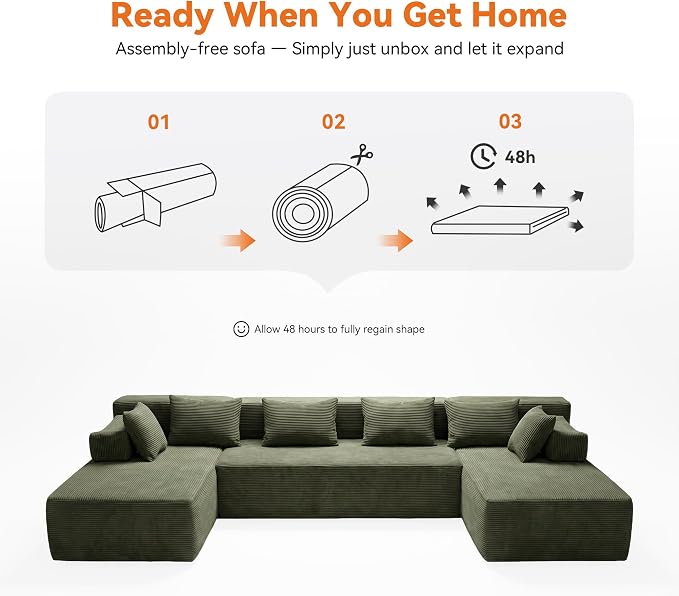 MONVANE 141" U Shaped Cloud Sectional Couch with Chaise Lounge, Modular Sectional Sofa with Removable Armrests, Comfy Corduroy Boneless Couches for Living Room, No Assembly Required, Green