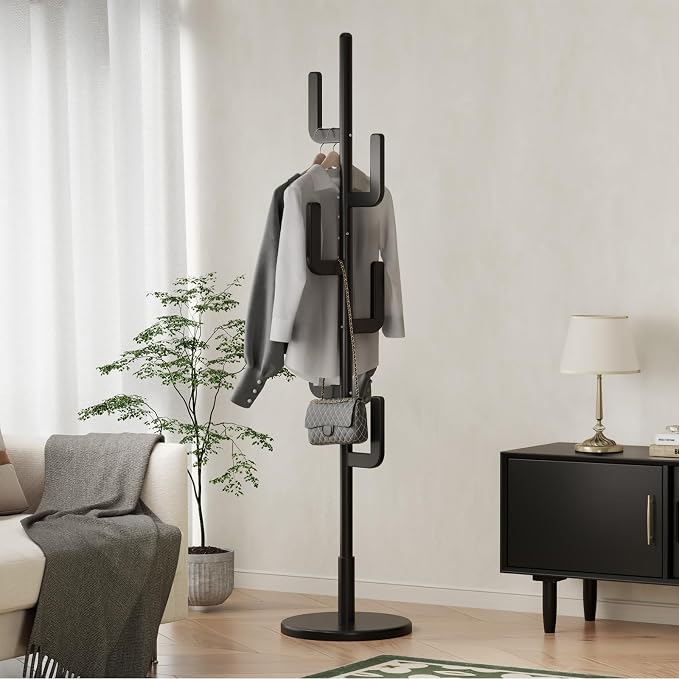 Muwuele Solid Wood Cactus Coat Rack, Freestanding Coat Rack With 6 L-Shaped Hooks and 3 Adjustable Sizes, Coat Tree for Bedroom, Entryway, Livingroom, Coat Hanger Stand for Coats, Handbags (Black)