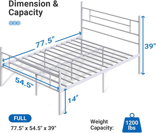 Avenco Metal Platform Bed Frame Full Size with Classical Headboard and Footboard, 14 Inch, Under Bed Storage, Strong Metal Slats Support, Mattress Foundation, No Box Spring Needed