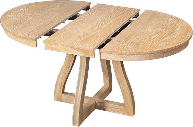 LUMISOL 42"-58" Extendable Round Dining Table for 4-6, Farmhouse Kitchen Table with 16” Middle Leaf and Curved Table Legs for Kitchen, Dining Room, Apartment, Natural Wood Wash