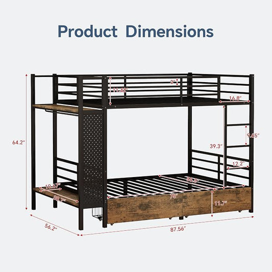 Full Over Full Metal Bunk Bed with Storage Station & Rolling Drawers | Built-In USB Charging Station,Hall Tree & Full Safety Guardrails for Bedroom