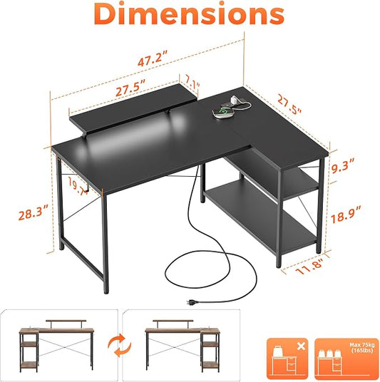 Mericonia Small L Shaped Computer Desk with Power Outlets, Reversible Gaming Desk with Storage Shelves & Monitor Stand, Corner Gamer Desk Table, Study Writing Table