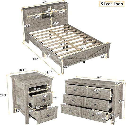 Farmhouse 3-Pieces Bedroom Sets, Queen Size Wood Platform Bed with Nightstand and Dressing Table, Queen Beds Frame with Double Sliding Door Headboard and Charging Station (Gray, Queen)