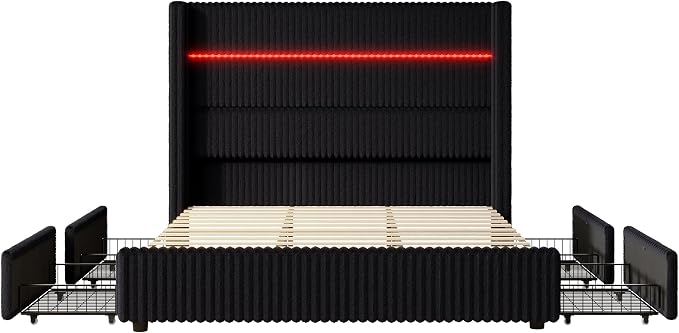 Jocisland Queen Size Corduroy Upholstered Bed Frame with 4 Storage Drawers & 51.2" Tall Wingback Headboard, LED Platform Bed with Charging Station, Easy Assembly, No Box Spring Needed, Black
