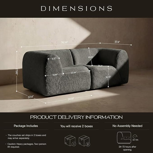 76" Loveseat Modular Sofa with High-Density Foam, 2-Piece Curved Sectional Couches, Boneless Sherpa Deep Seat Couch with Armrest, Cloud Soft Lounge Modern Sofas for Living Room – No Assembly, Grey