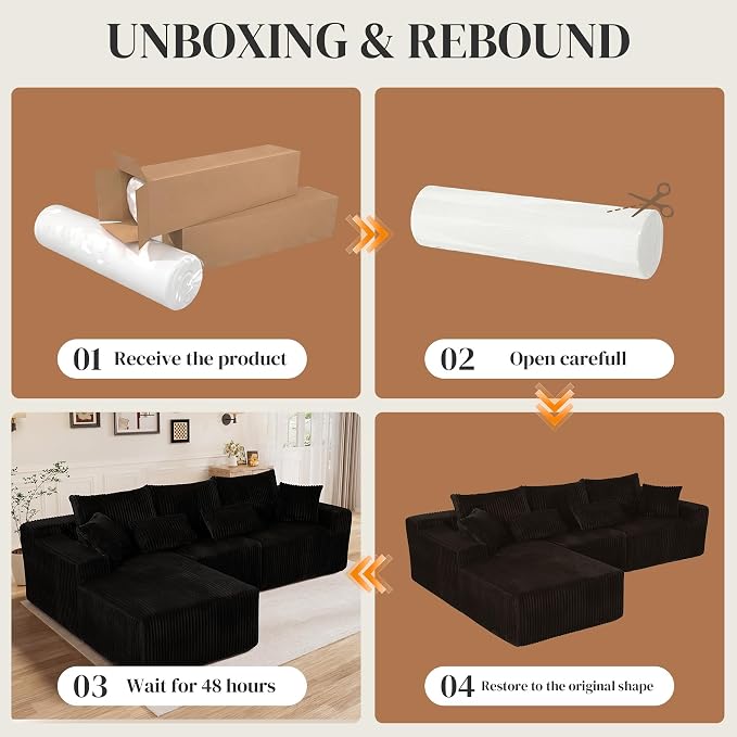 110" L Shaped Cloud Boneless Sectional Couches for Living Room, Modern Comfy Modular Deep Seat Memory Foam Compressed Corduroy Sofa Oversized Left Facing Chaise, No Assembly Required, Balck