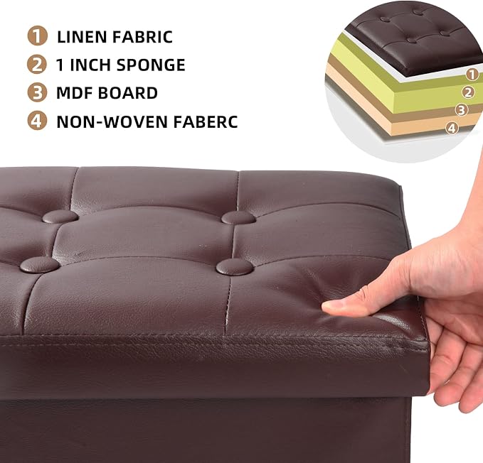 ALASDO Storage Ottoman Footrest Stool Small Ottoman with Storage Foldable Ottoman Leather Foot Rest Footstool Bench for Living Room 17x13x13inches Brown