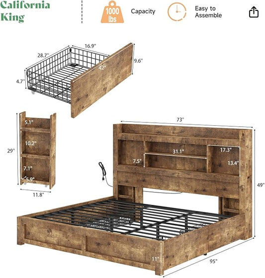 AMERLIFE California King Size Bed Frame with 4 Storage Drawers, LED Bed Frame with 49.6" Tall Bookcase Headboard, Wood Platform Bed with Charging Station & 2 Slide Bedside Shelf, Rustic Brown