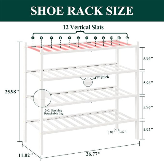 Smiry Bamboo Shoe Rack, 4 Tier Free Standing Wooden Shoe Organizer, Stackable Wood Shoe Storage Shelf for Closet, Entryway, 12 Vertical Slats, 2+2 Stack Standard Legs, 26.8"x11"x26", White