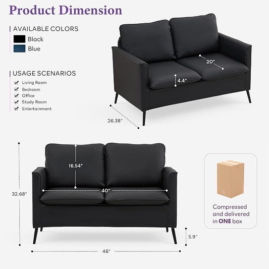 TYBOATLE Faux Leather Loveseat Sofa, Comfy Small Love Seat Mini Couch with 2 Pillows, Mid-Century Modern 2 Seater Couches for Small Spaces, Living Room, Bedroom, Apartment, Office, Dorm (Black, 1)