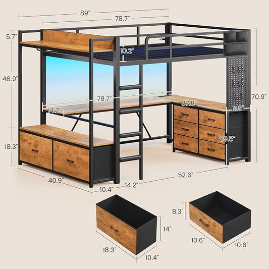 Itaar Twin Loft Bed with L-Shaped Desk & 8 Storage Drawers, Metal Kids Twin Loft Bed with Led Lights, Charging Station, Hall Tree, Safety Guard & Ladder, No Box Spring Needed, Rustic Brown