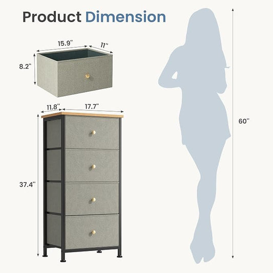 DUMOS Nightstand with 4 Drawers, Bedside Table with Removable Fabric Bins, Sturdy Steel Frame Wood Top Organizer Furniture for Bedroom Closet Living Room, Ink Green