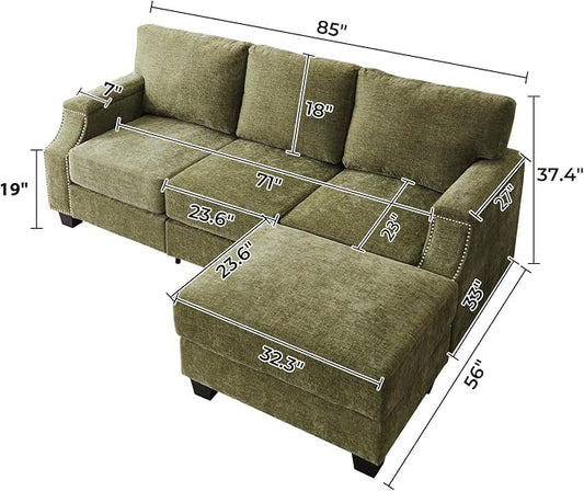 Rexulqo 85'' L Shaped Couch with Armrest Organizer,Comfy 3 Seats Sofa with Storage Ottoman,Chenille Sectional Couches for Living Room,Bedroom,Apartment,Sofa Set with Oversized Chair,Green
